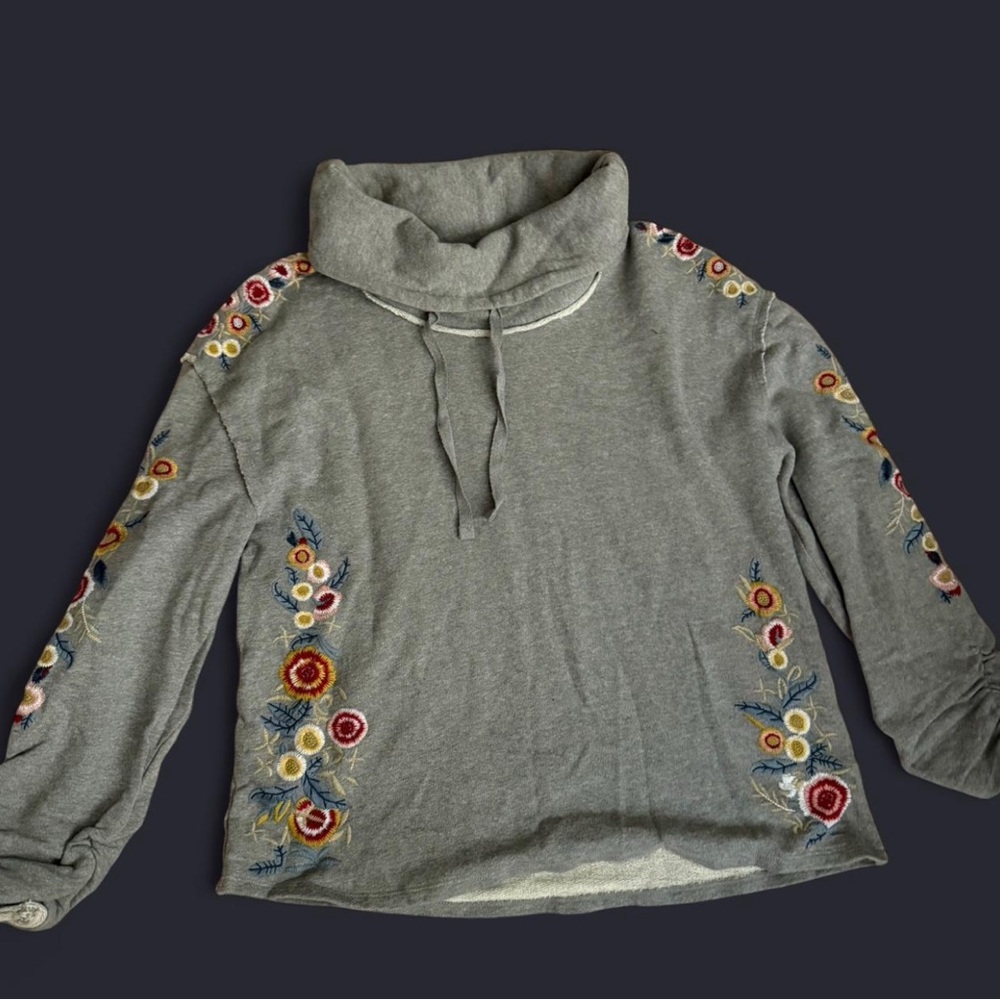 Heather Gray Cowl Neck Sweater w/ Floral Embroidery
